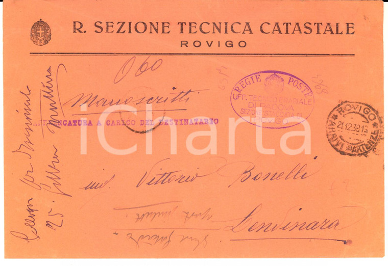 1938 STORIA POSTALE ROVIGO Regia Sezione Tecnica CATASTALE *Busta intestata