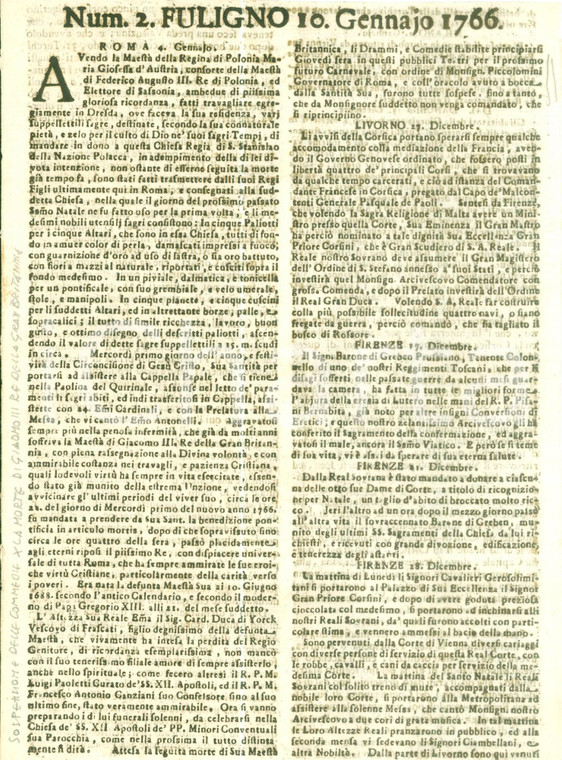 1766 GIORNALE DI FOLIGNO n 2 Doni Maria Giuseppa di BAVIERA Chiesa SAN STANISLAO