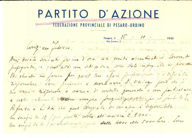 1945 PARTITO D'AZIONE Giulio COMANDINI non vuole danneggiare il partito *Lettera