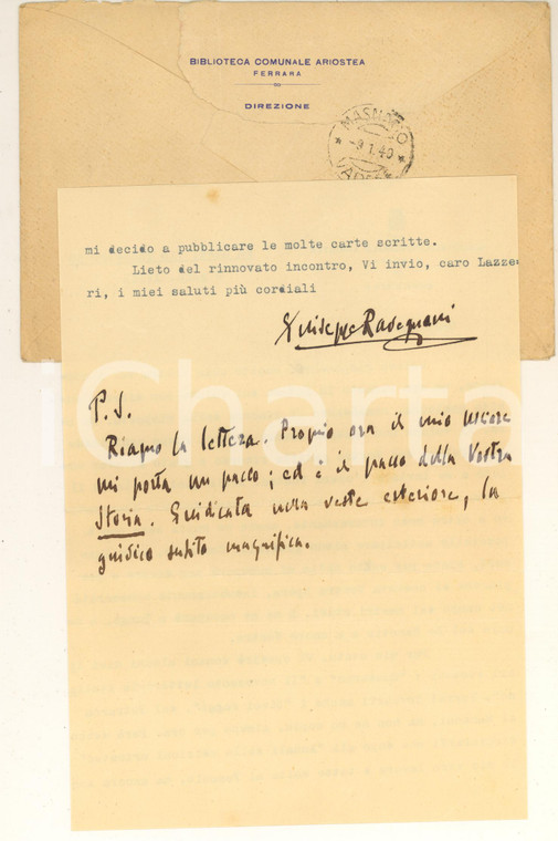 1940 FERRARA Giuseppe RAVEGNANI Inediti sul Foscolo - Autografo