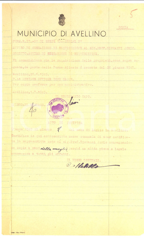 1945 WW2 AVELLINO Villa MAFFEI libera da requisizione Forze Alleate *Documento