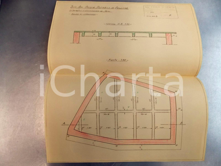 1928 POLLONE (BI) Società Anonima ACQUE POTABILI Planimetria solaio di copertura