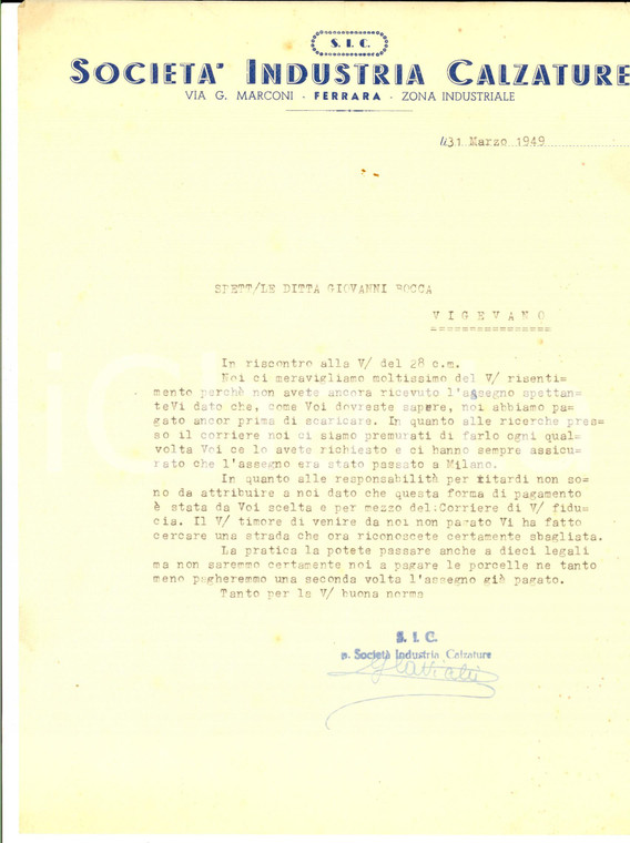 1949 FERRARA SIC Società Industria Calzature *Lettera commerciale 