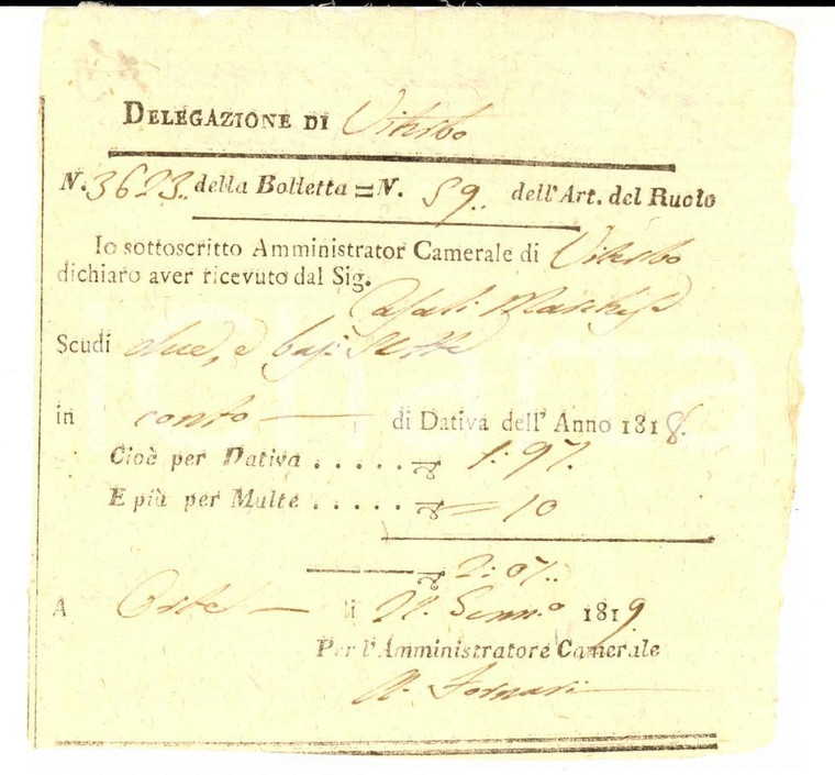 1819 ORTE (VT) Ricevuta al marchese CASALI per versamento dativa