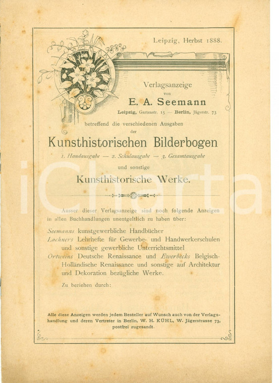 1888 LEIPZIG Catalogo Editrice SEEMANN Kunsthistorische Bilderbogen ILLUSTRATO