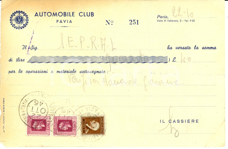 1946 PAVIA AUTOMOBILE CLUB Verifica gomme *Fattura intestata