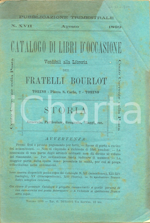 1899 TORINO Catalogo libreria FRATELLI BOURLOT n° XVII Storia Geografia Viaggi