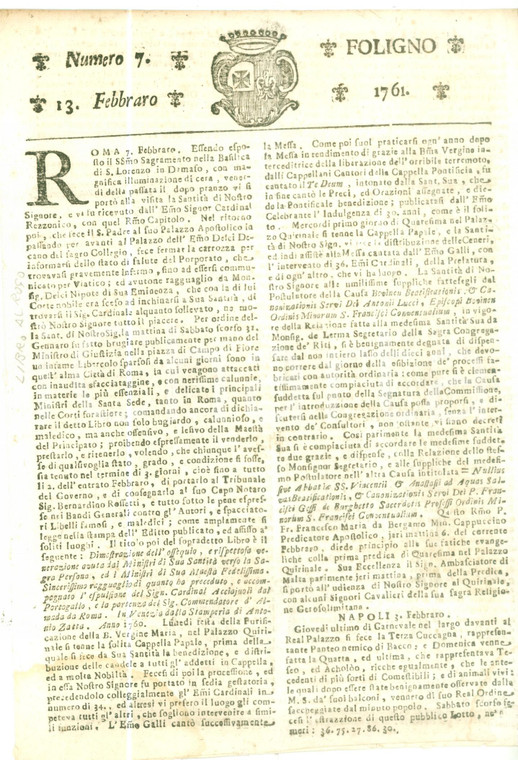 1761 GIORNALE DI FOLIGNO n. 7 Rogo e condanna di libro per offese contro CHIESA