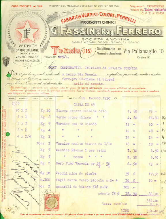 1930 TORINO Giuseppe FASSIN & Rag. FERRERO Vernici, colori e pennelli *Fattura