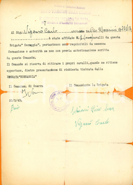 1945 PAVIA CLN Carlo VIGANO' possiede cavallo BRIGATA CORNAGGIA *DANNEGGIATO