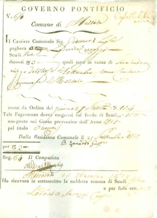 1818 FERRARA Compenso di Lodovico TERRAZZI cursore di MARRARA *Documento