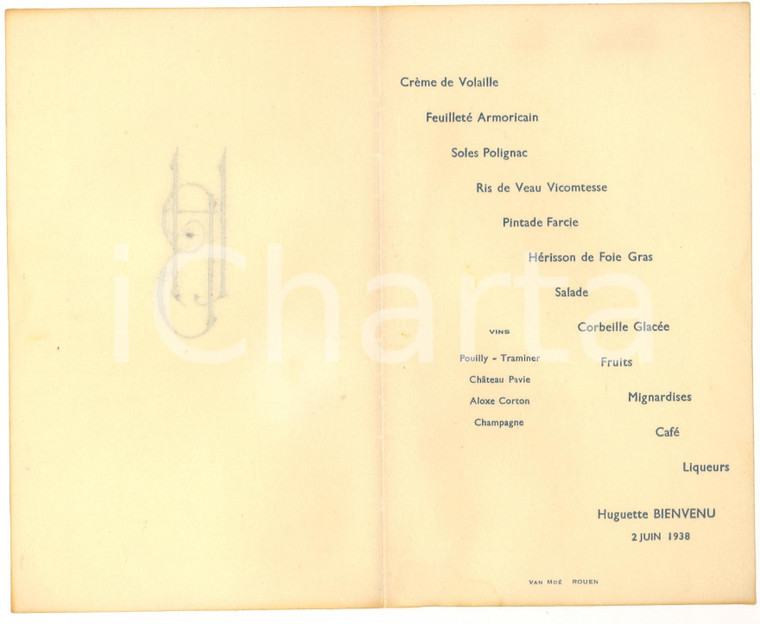 1938 ROUEN (FR) Menù prima comunione Huguette BIENVENU