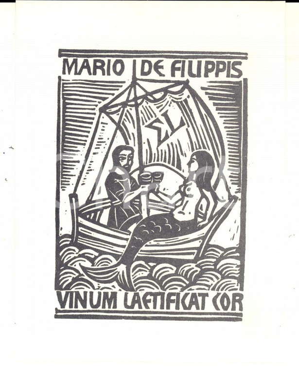 1970 ca Ex Libris MARIO DE FILIPPIS Vinum laetificat cor 11x13 cm