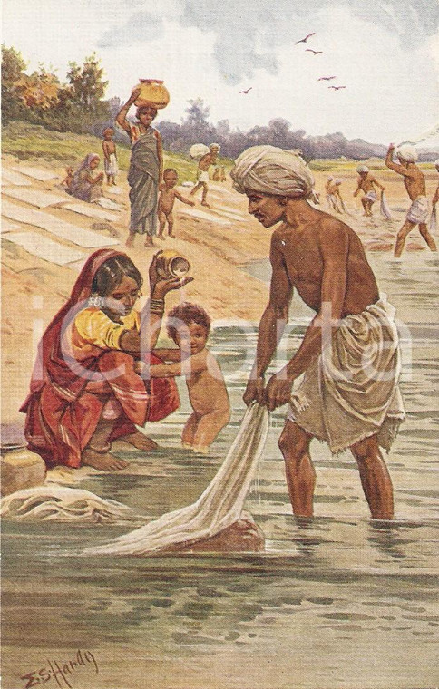 1950 ca INDIA An indian washing day *Cartolina illustrata HARDIJ FP NV