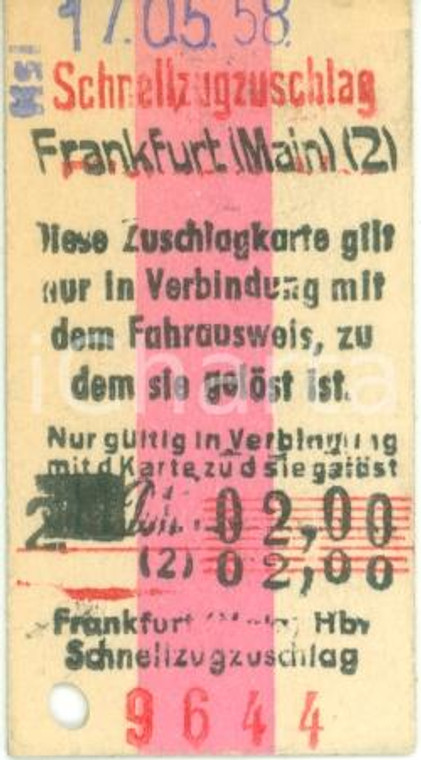 1958 FRANKFURT AM MAIN (DE) Biglietto tram con vidimazione e bolli
