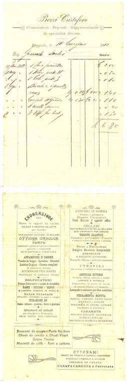 1912 REGGIOLO (RE) Cristoforo BEZZI commissioni depositi zolforatori *Fattura