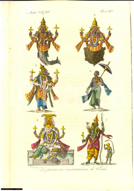 1823 COSTUMI INDIA Prime 6 incarnazioni di VISNU' Inc. BERNIERI Col. a mano
