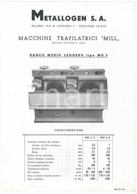 1950 ca MILANO Ditta METALLOGEN - Macchine trafilatrici MILL MO 2 *Scheda