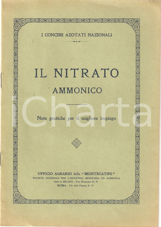 1925 ca SOCIETA' MONTECATINI Ufficio agrario Nitrato ammonico *Pubblicazione