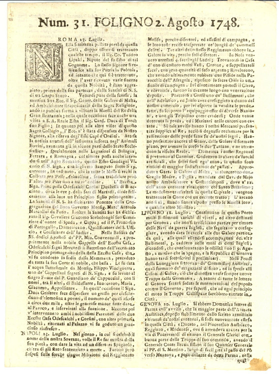 1748 Giornale di FOLIGNO n. 31 Impiccati assassini del Reggimento MOLISE