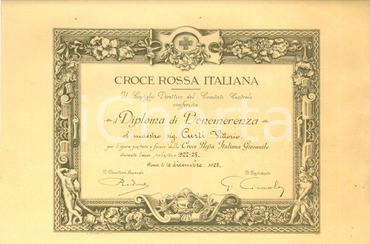 1923 ROMA CROCE ROSSA ITALIANA Diploma benemerenza maestro Vittorio CURTI