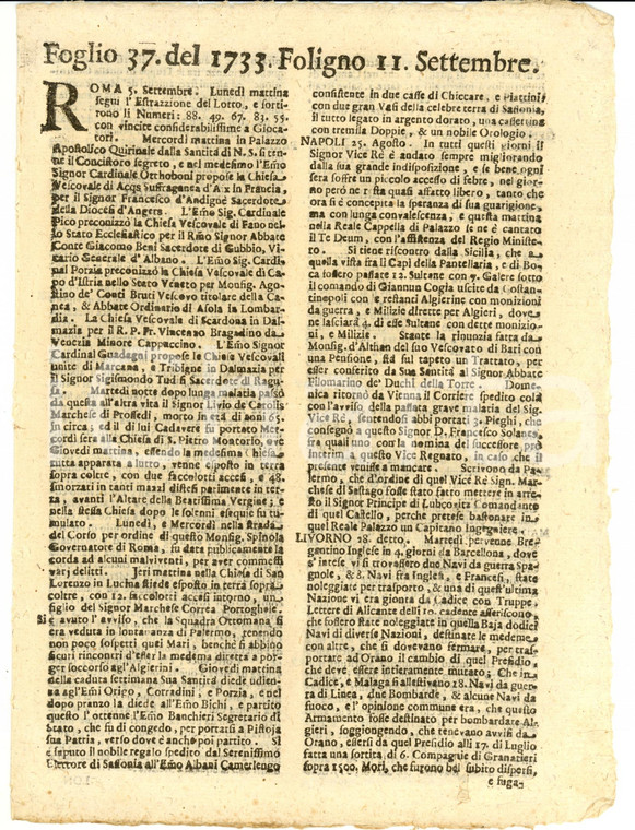 1733 Giornale di FOLIGNO n. 37 Navi da guerra per bombardare ALGERI