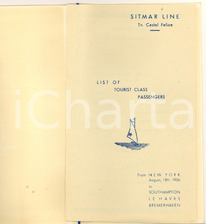 1956 SITMAR LINE S/S CASTEL FELICE Passenger list SOUTHAMPTON