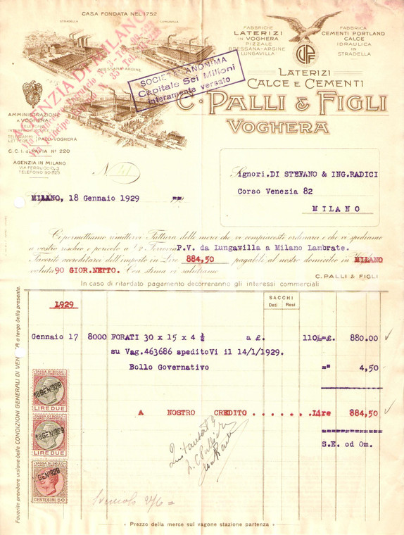 1929 VOGHERA PV Società Carlo PALLI E FIGLI Fabbrica Laterizi e cementi *Fattura