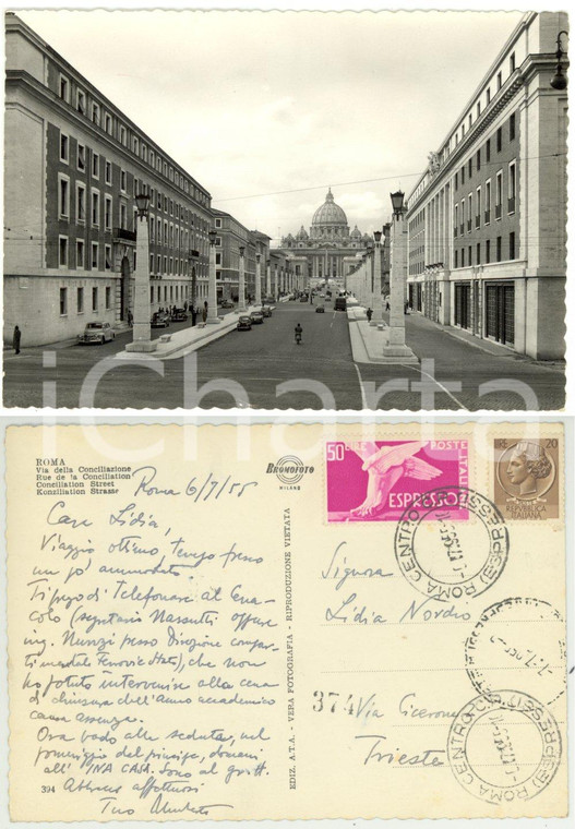 1955 ROMA Via della Conciliazione *Autografo Umberto NORDIO su cartolina FG VG