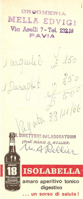 1966 PAVIA Drogheria Edvige MELLA LIquori ISOLABELLA Amaro 18 *Ricevuta 7x17 cm