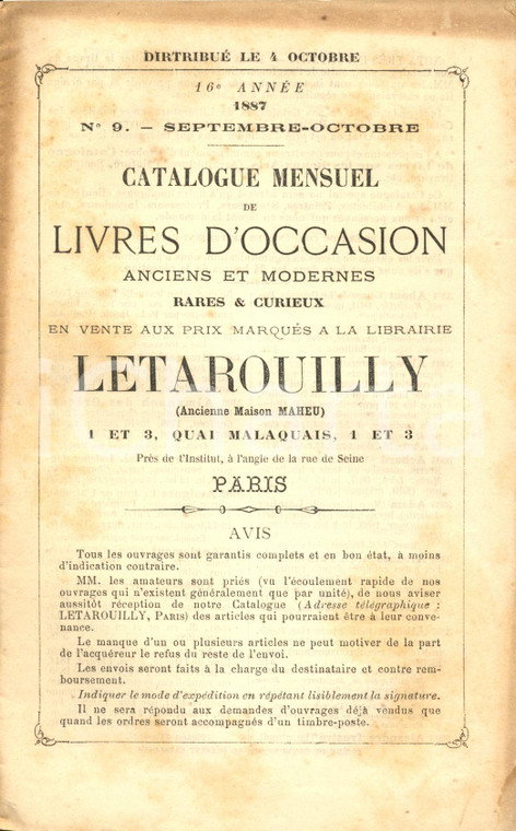 1887 PARIS Librairie LETAROUILLY Catalogue mensuel livres d'occasion rares  N°9