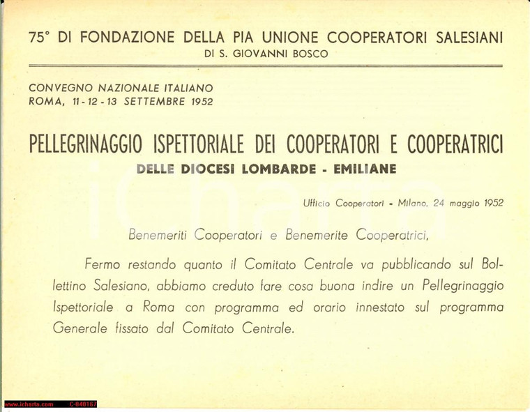 1952 MILANO PIA UNIONE SALESIANI Pellegrinaggio a Roma