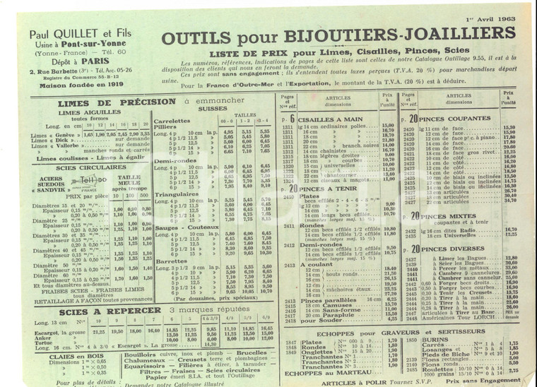 1963  PONT-SUR-YONNE Paul QUILLET & Fils - Outils pour joailliers *Liste de prix