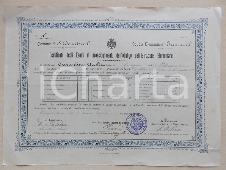 1904 SAN DEMETRIO CORONE (CS) Diploma di licenza elementare Adelina TARANTINO