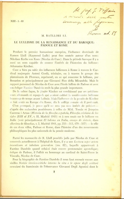 1953 Miquel BATTLORI Le lullisme de la Renaissance et du Baroque - AUTOGRAFO