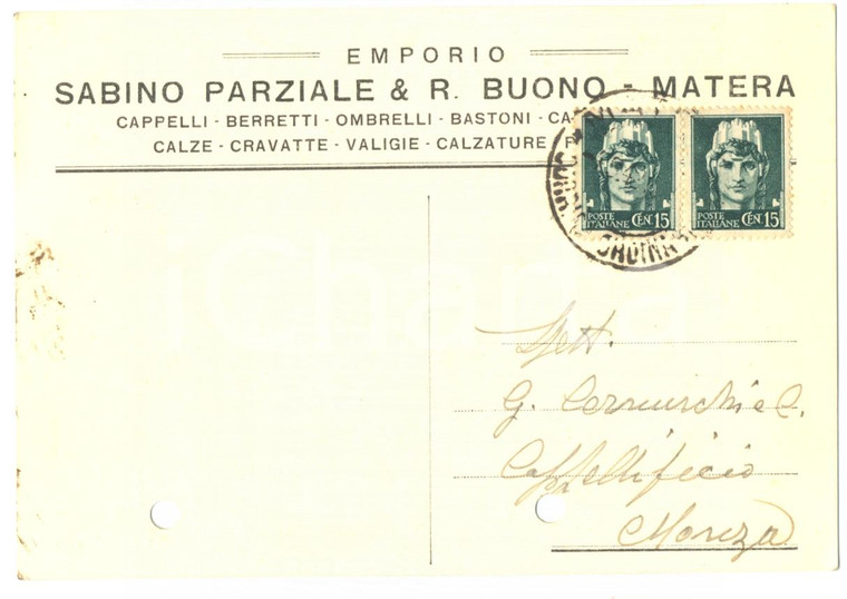 1942 MATERA - Emportio SABINO PARZIALE & R.BUONO Cartolina cappelli ministeriali
