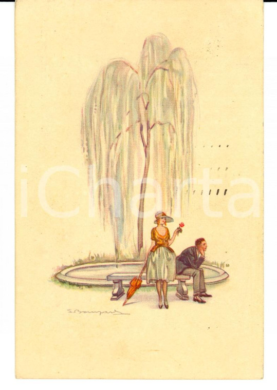 1923 GENOVA Innamorati alla fontana Cartolina ill. Luigi BOMPARD FP VG