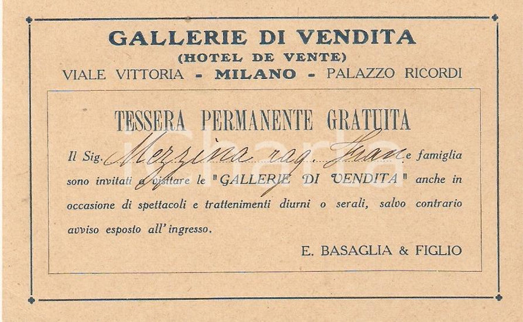 1930 ca MILANO Tessera Gallerie vendita Franco MEZZINA