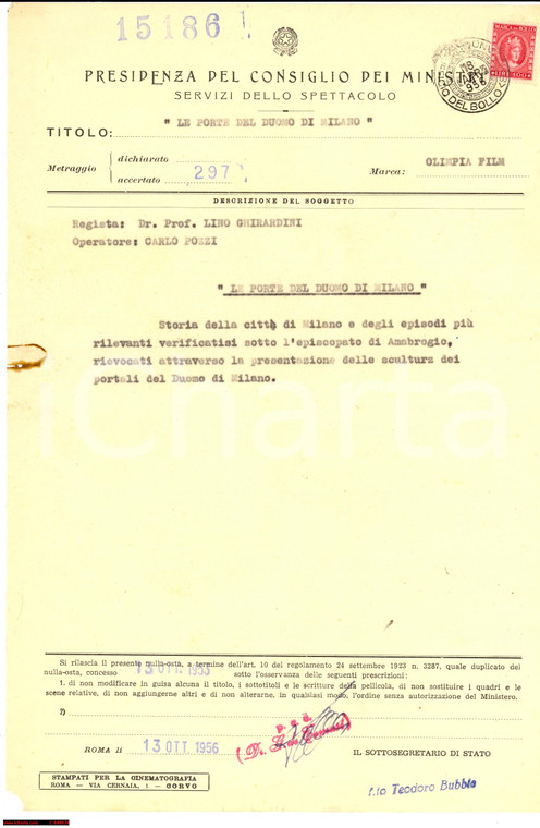 1956 LINO GHIRARDINI Visto censura documentario