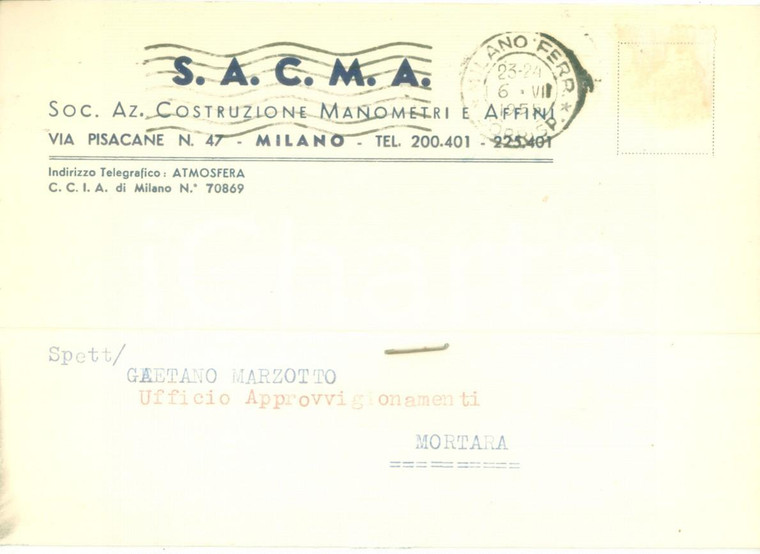 1955 MILANO Costruzione Manometri Affini S.A.C.M.A. *Cartolina commerciale FG VG