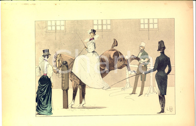 1890 L. VALLET Le chic à cheval - Au manège PELLIER *Lithographie 25x33 cm