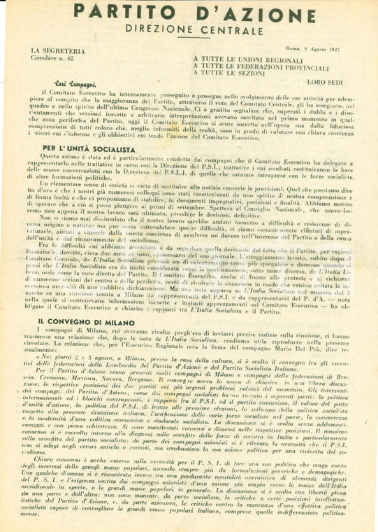 1947 ROMA Sforzi del PARTITO D'AZIONE per unità socialista *Documento