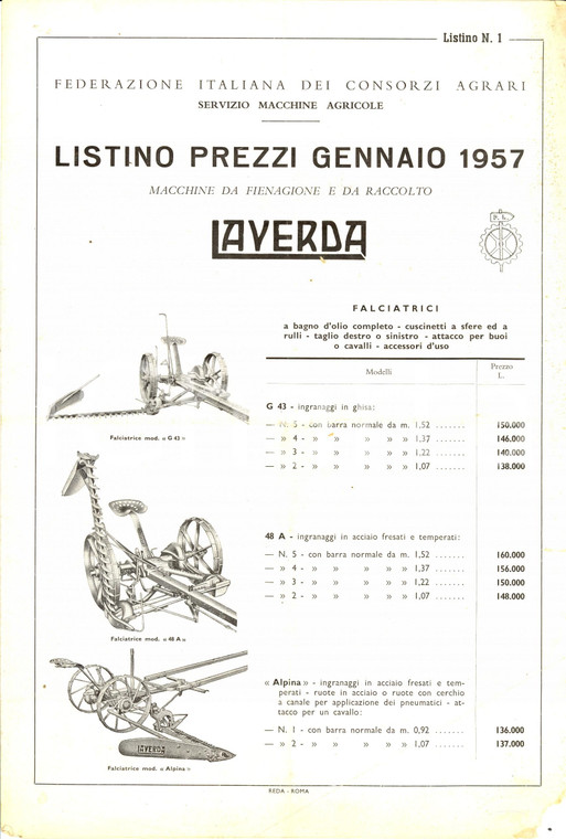 1957 BREGANZE (VI) Pietro LAVERDA Macchine da fienagione e raccolto *Listino