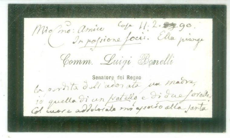 1890 ROMA Condoglianze senatore Luigi BONELLI - Biglietto da visita autografo