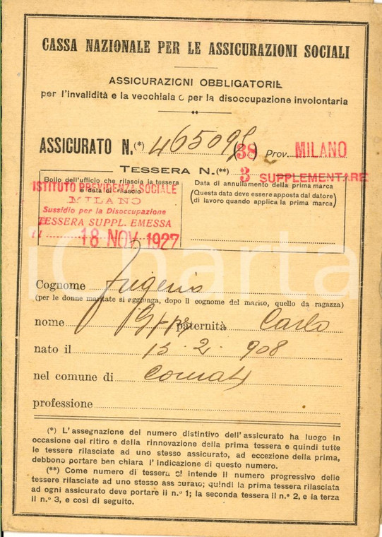 1927 MILANO Assicurazione obbligatoria Carlo FRIGERIO