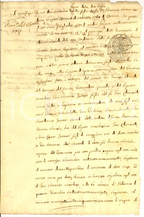 1829 MILITELLO (CT) Eredità Baronessa Nunzia FERRERI Asse ereditario