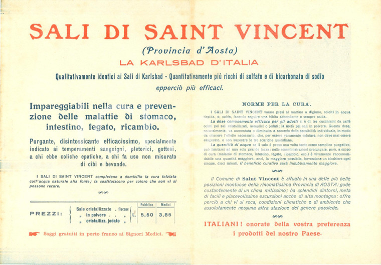 1927 MILANO SOCIETA' DEL PLASMON Provate sali SAINT-VINCENT la KARLSBAD italiana