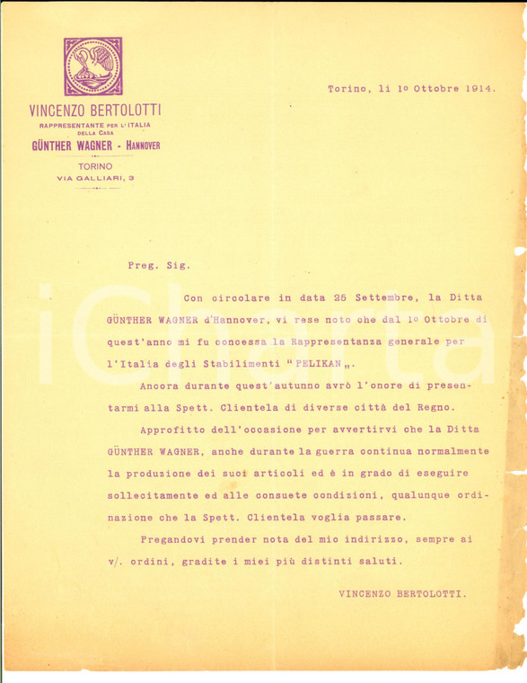 1914 TORINO Lettera Vincenzo BERTOLOTTI rappresentante della casa GUNTHER WAGNER