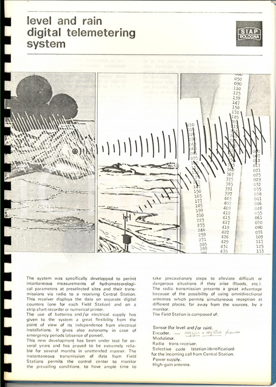 1970 ca BOLOGNA SIAP Level and rain digital telemetering system *Catalogo 25 pp.