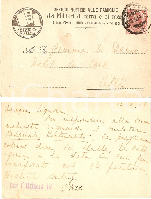 1918 MILANO WW1 Notizie Gemma DE DANINOS sergente Pasquale FORTUNATO *Cartolina